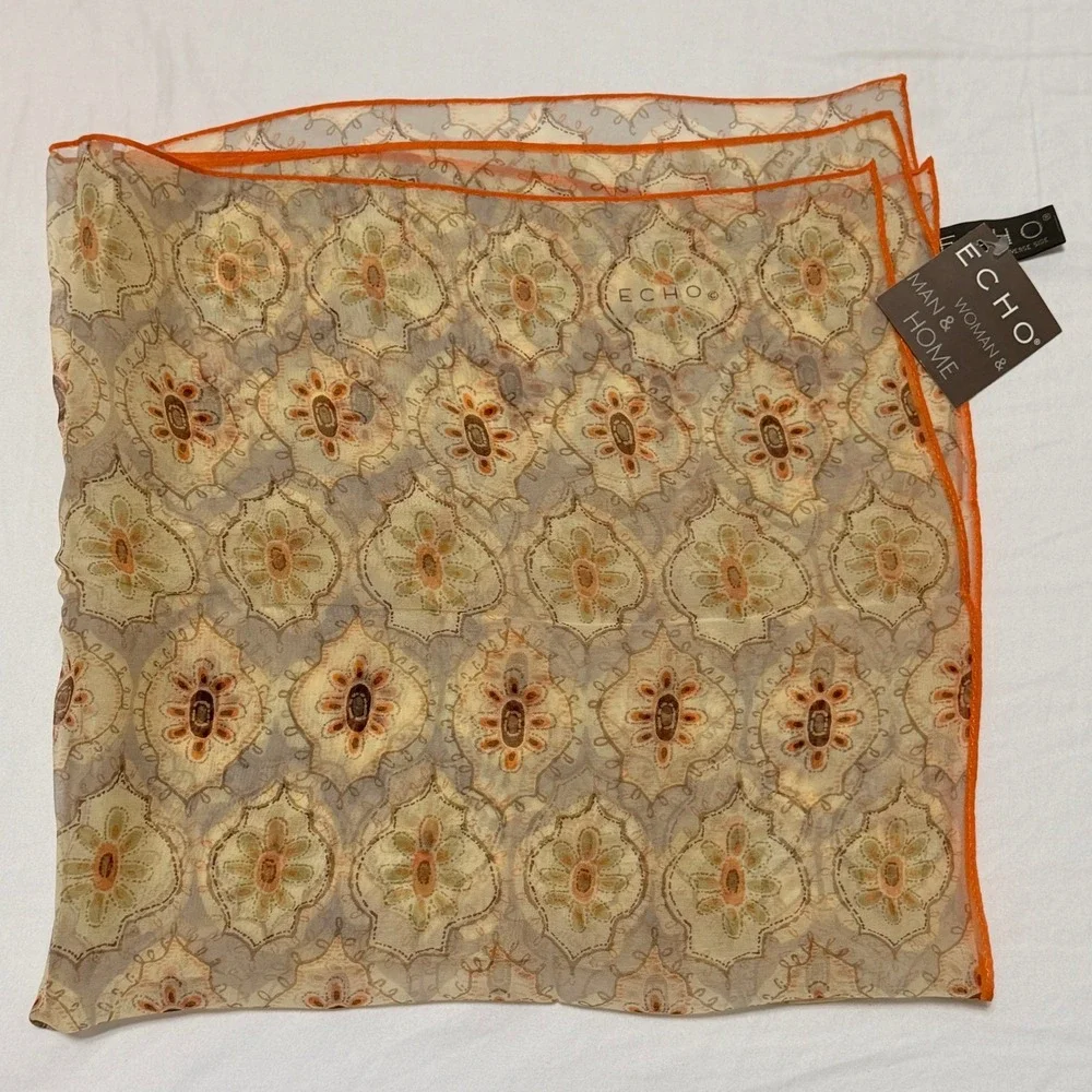 Echo Woman Silk Scarf Orange Tan Medallion Print Square Neck 25x25